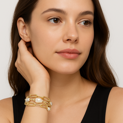 Multi row Paper clip & pearl bracelet